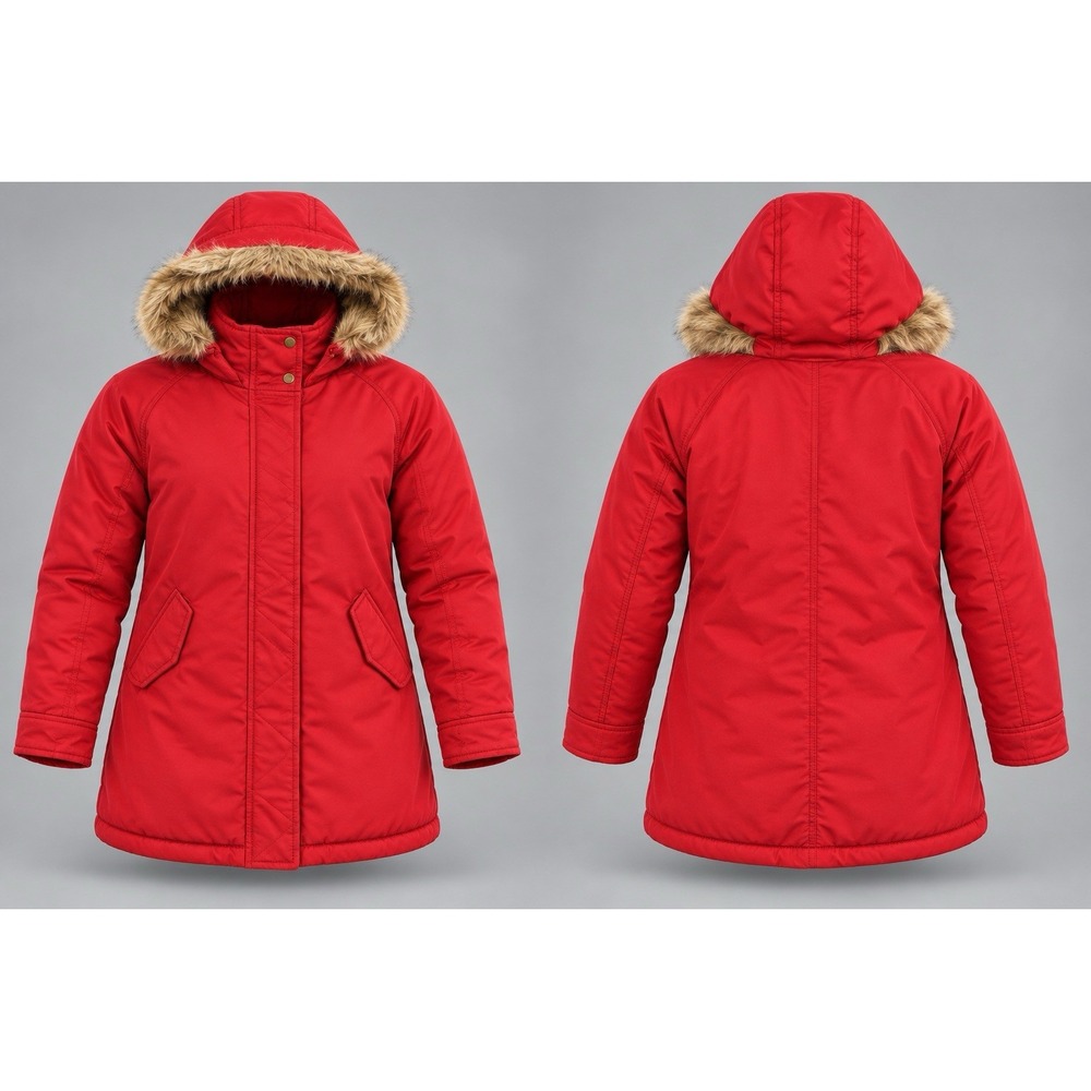Old Navy Womens Size S Red Puffer Jacket Faux Fur Trim Hooded  Coat